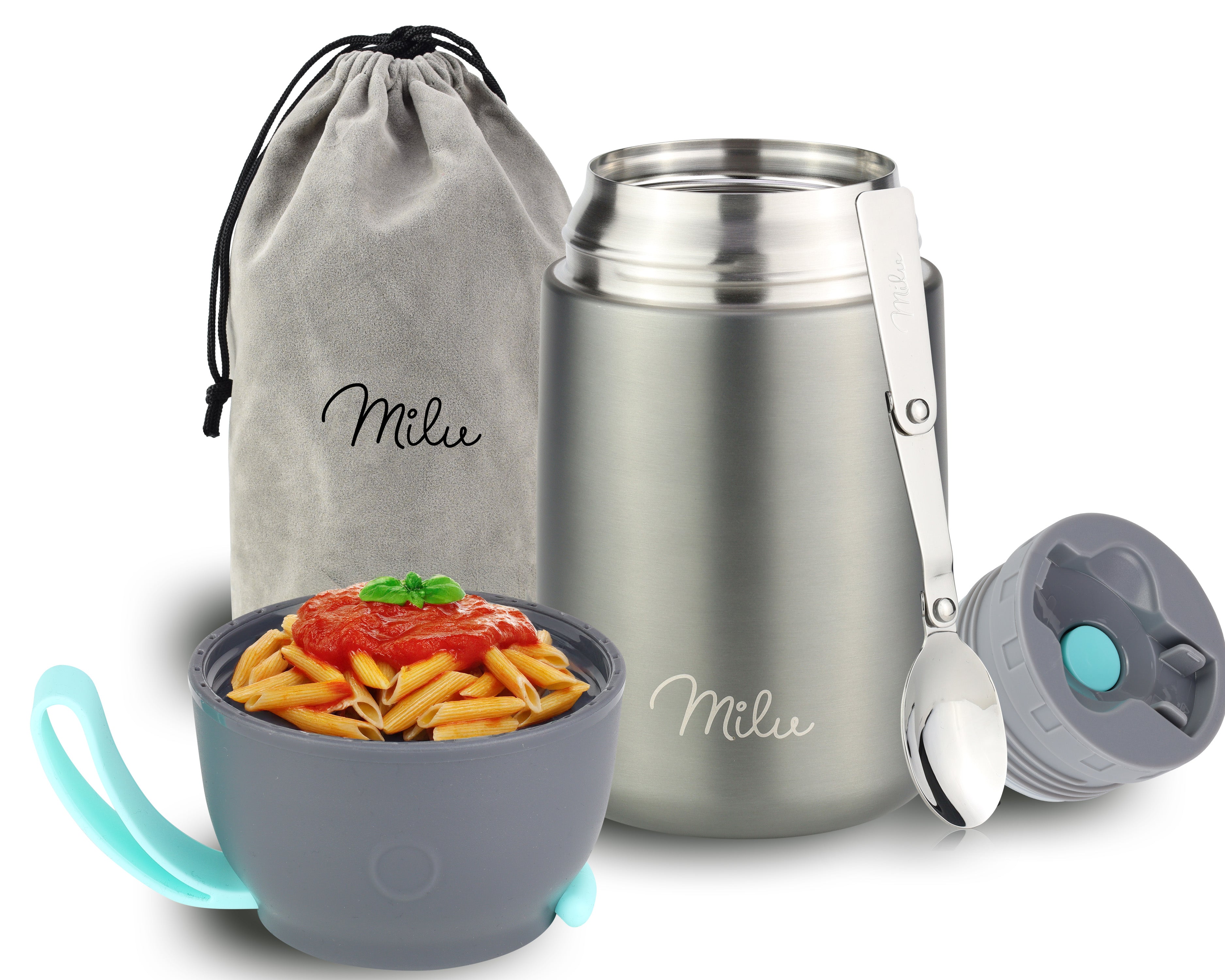 Milu® Thermobehälter für Essen, mit Löffel, auslaufsicher, isoliert (450 ml, 650 ml, 800 ml) (CB)