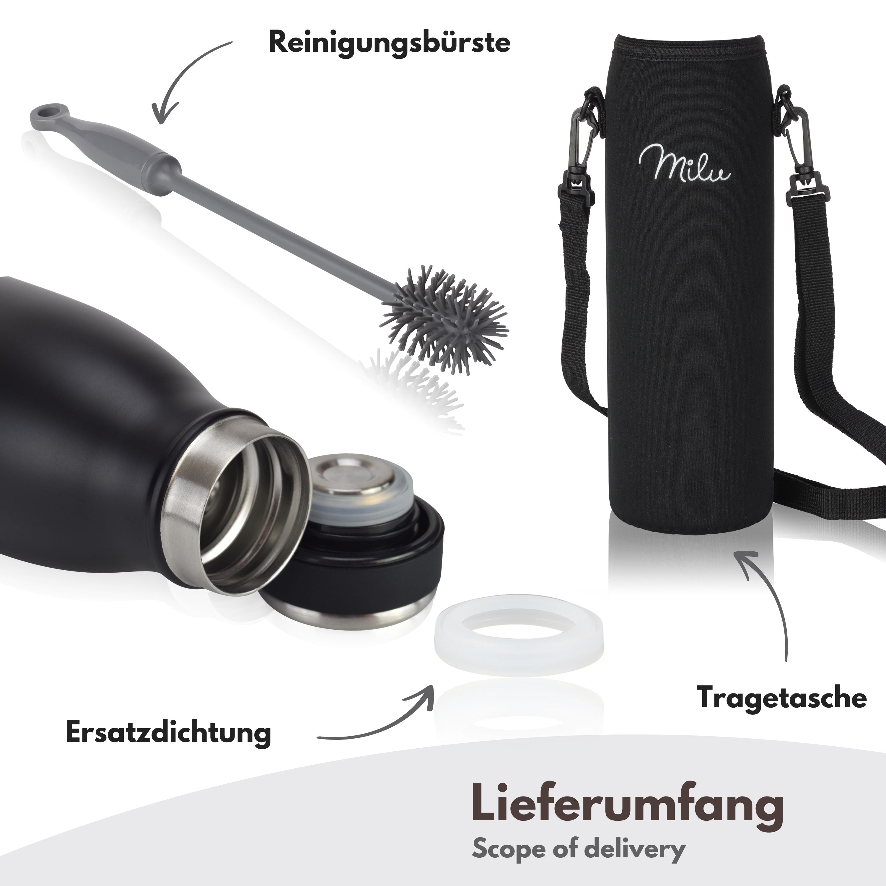 Milu Edelstahl Trinkflasche 350ml, 500ml, 750ml, 1L, 1,5L (CB)