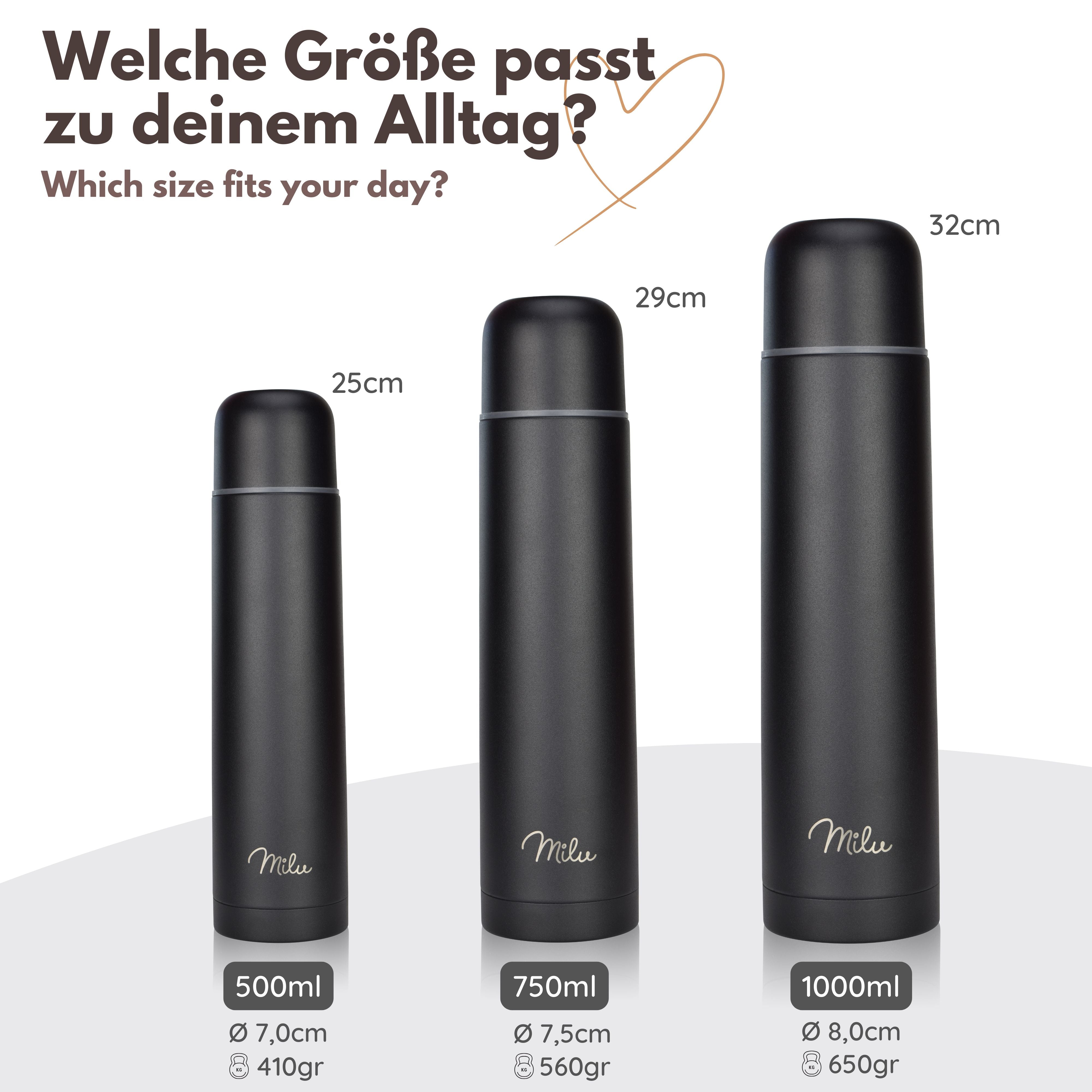 Milu Thermosflasche Thermoskanne Isolierflasche 1L, 750ml, 500ml
