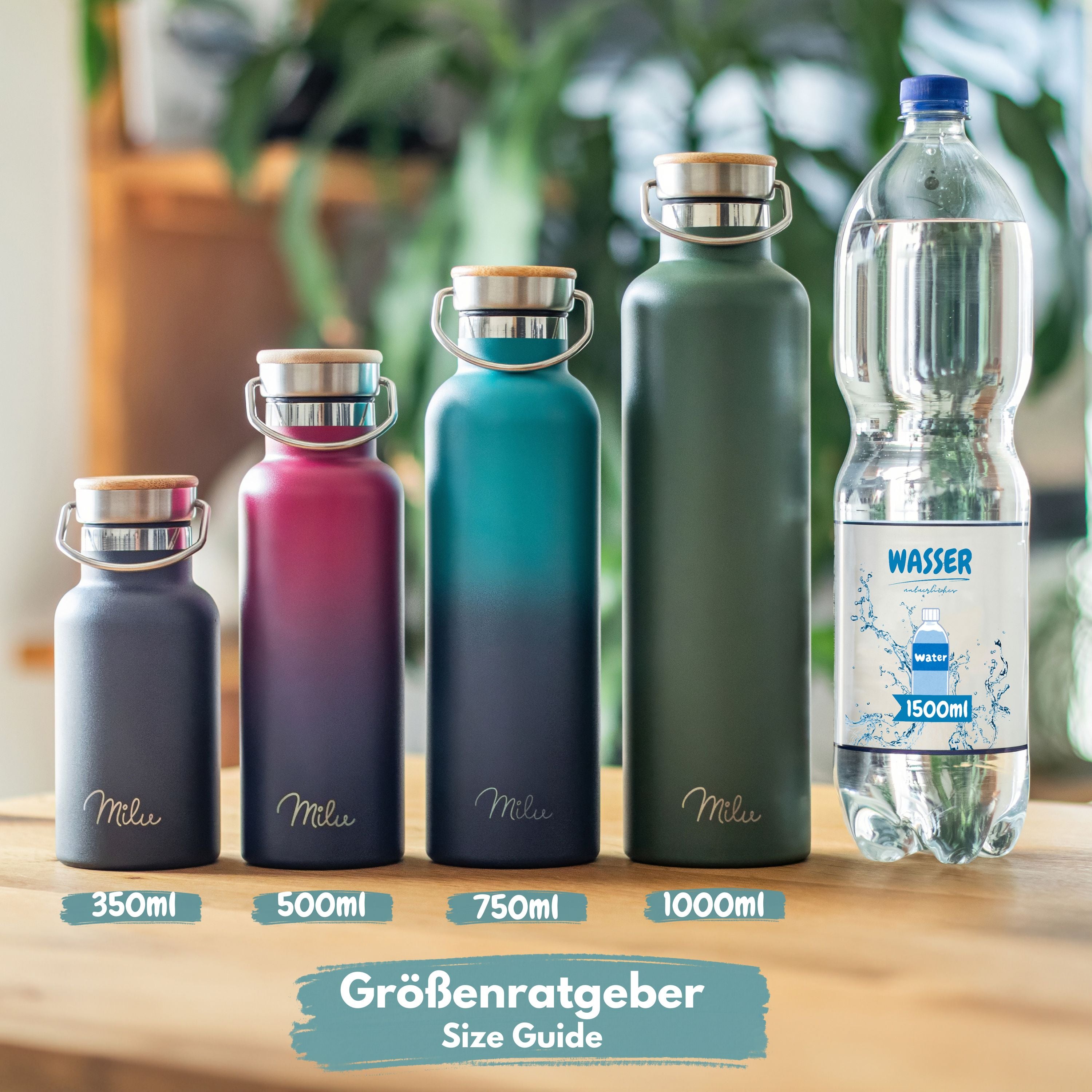 Milu Edelstahl Trinkflasche mit 3 Deckeln, auslaufsicher, isoliert (350 ml 500 ml 750 ml 1000 ml)
