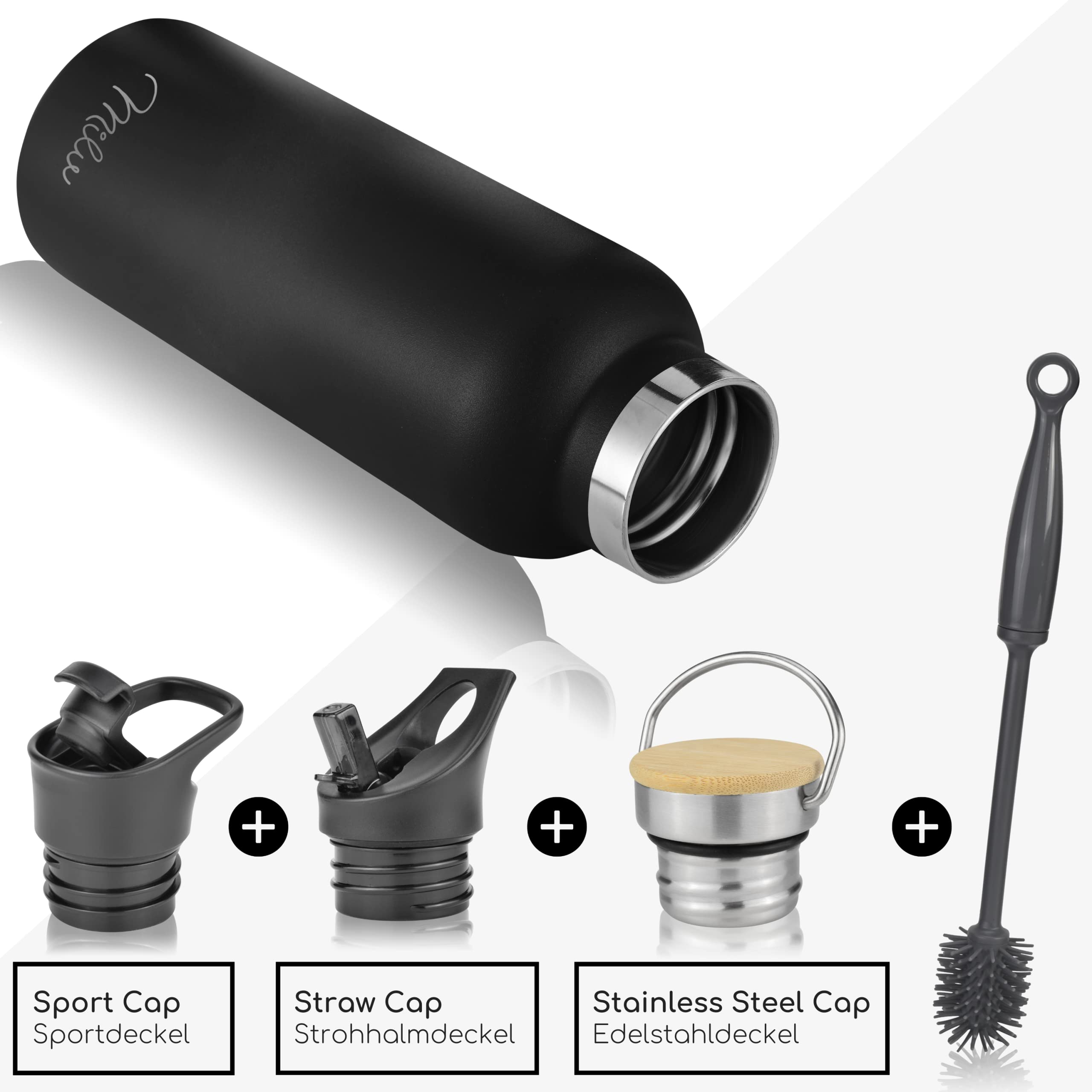 Milu Edelstahl Trinkflasche mit 3 Deckeln, auslaufsicher, isoliert (350 ml 500 ml 750 ml 1000 ml) (CB)