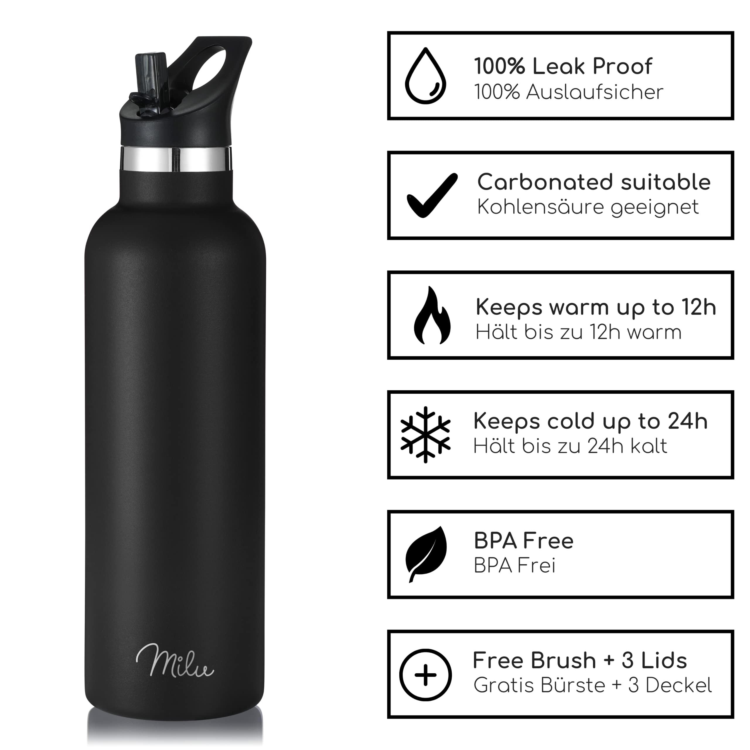 Milu Edelstahl Trinkflasche mit 3 Deckeln, auslaufsicher, isoliert (350 ml 500 ml 750 ml 1000 ml) (CB)