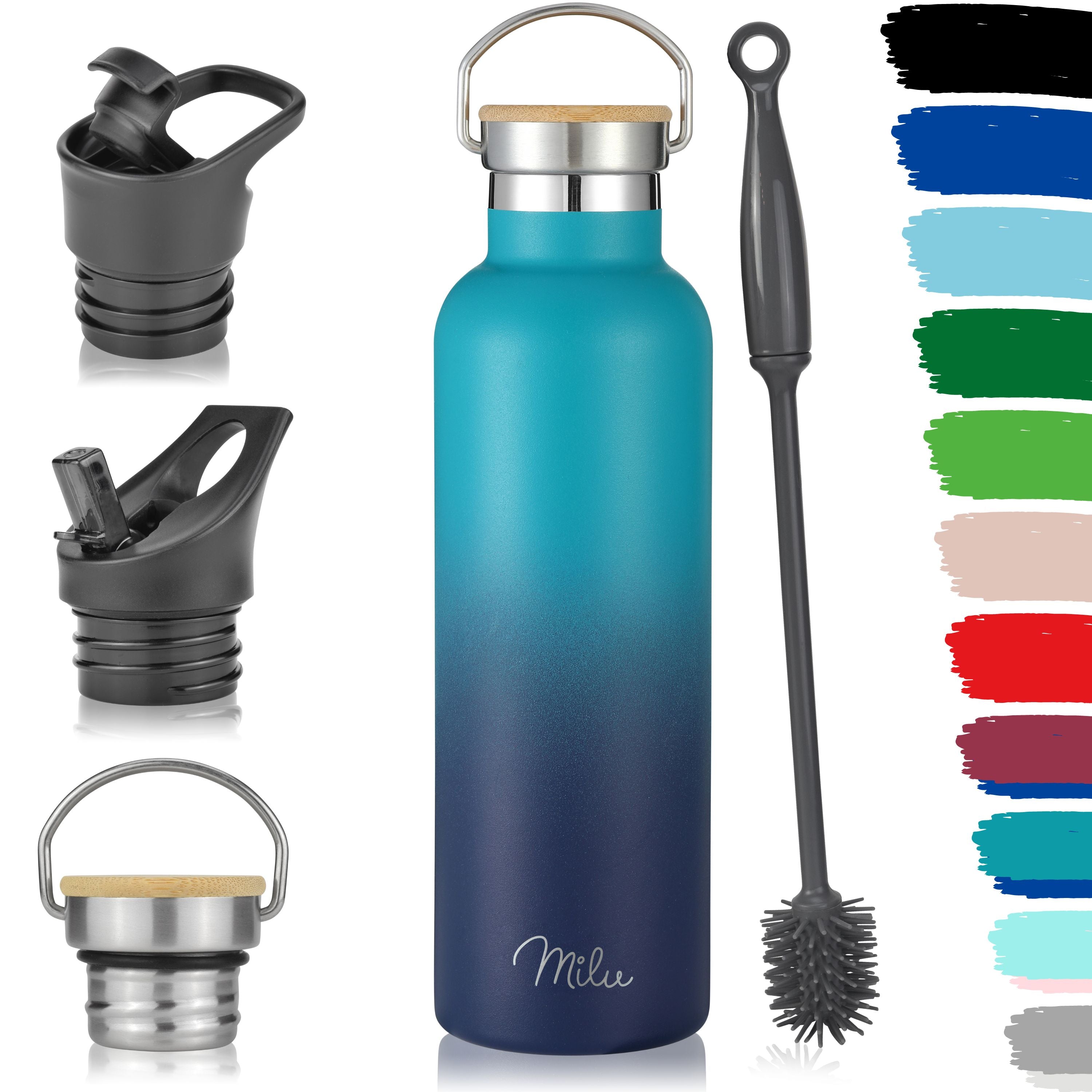 Milu Edelstahl Trinkflasche mit 3 Deckeln, auslaufsicher, isoliert (350 ml 500 ml 750 ml 1000 ml)
