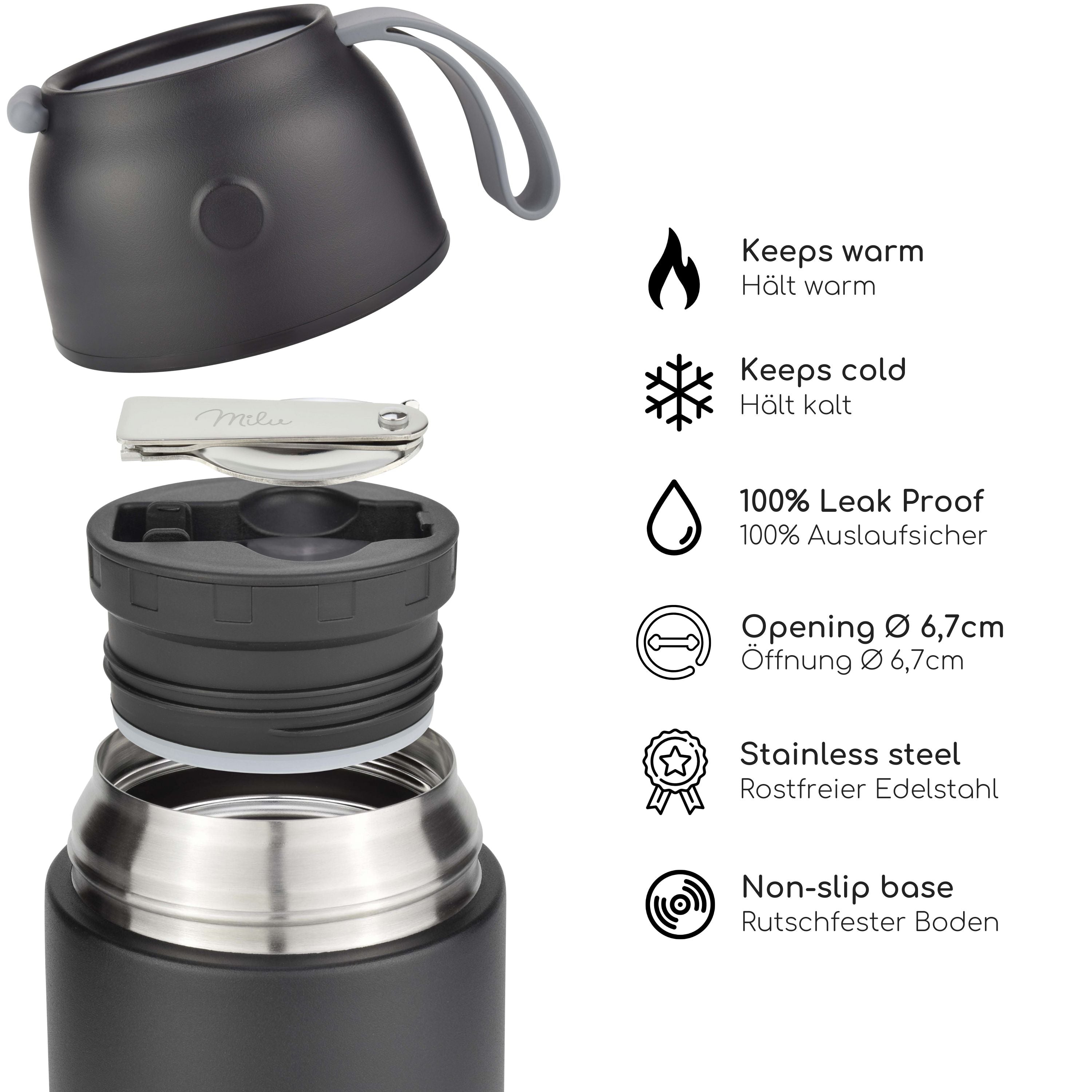 Milu® Thermobehälter für Essen, mit Löffel, auslaufsicher, isoliert (450 ml, 650 ml, 800 ml) (CB)