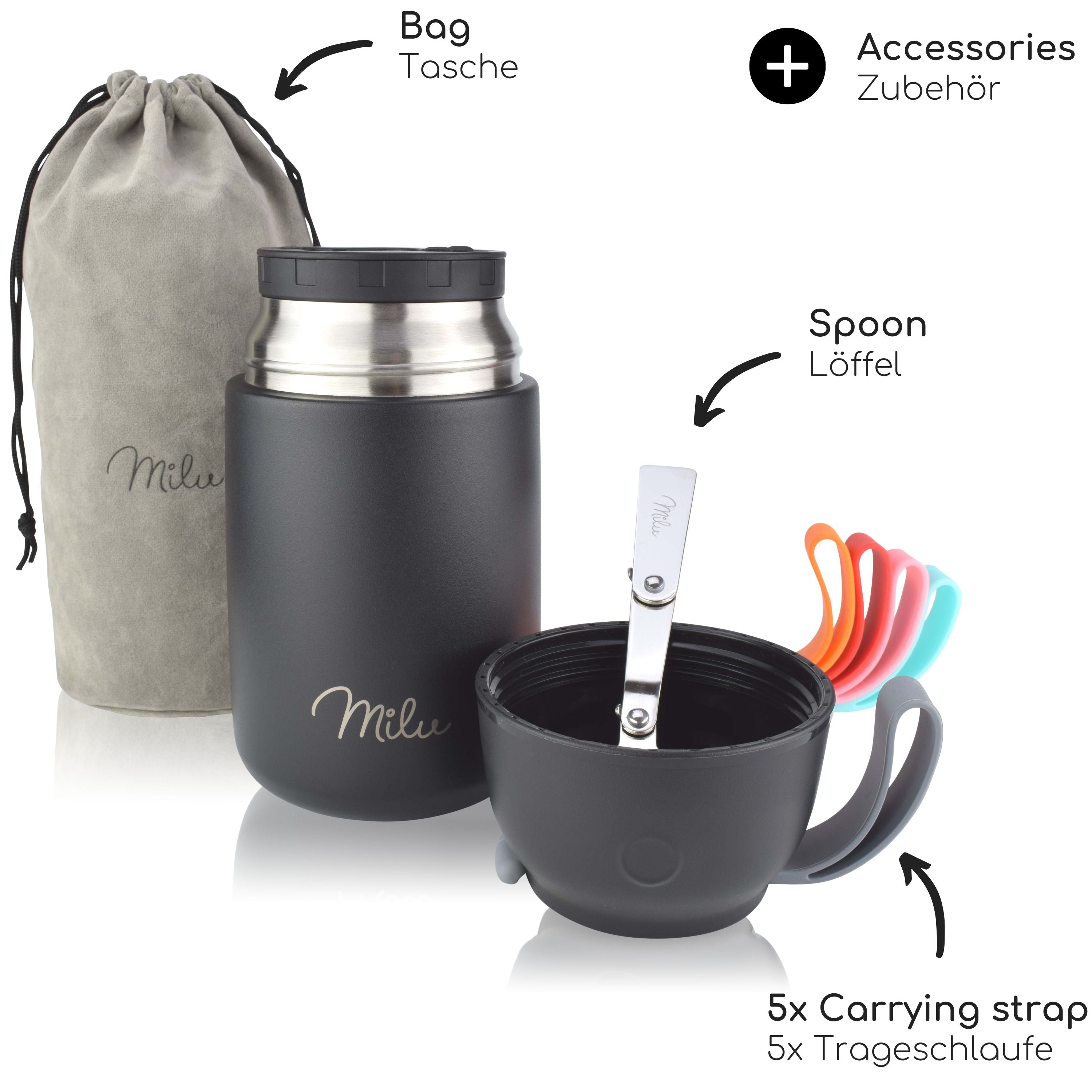 Milu® Thermobehälter für Essen, mit Löffel, auslaufsicher, isoliert (450 ml, 650 ml, 800 ml) (CB)