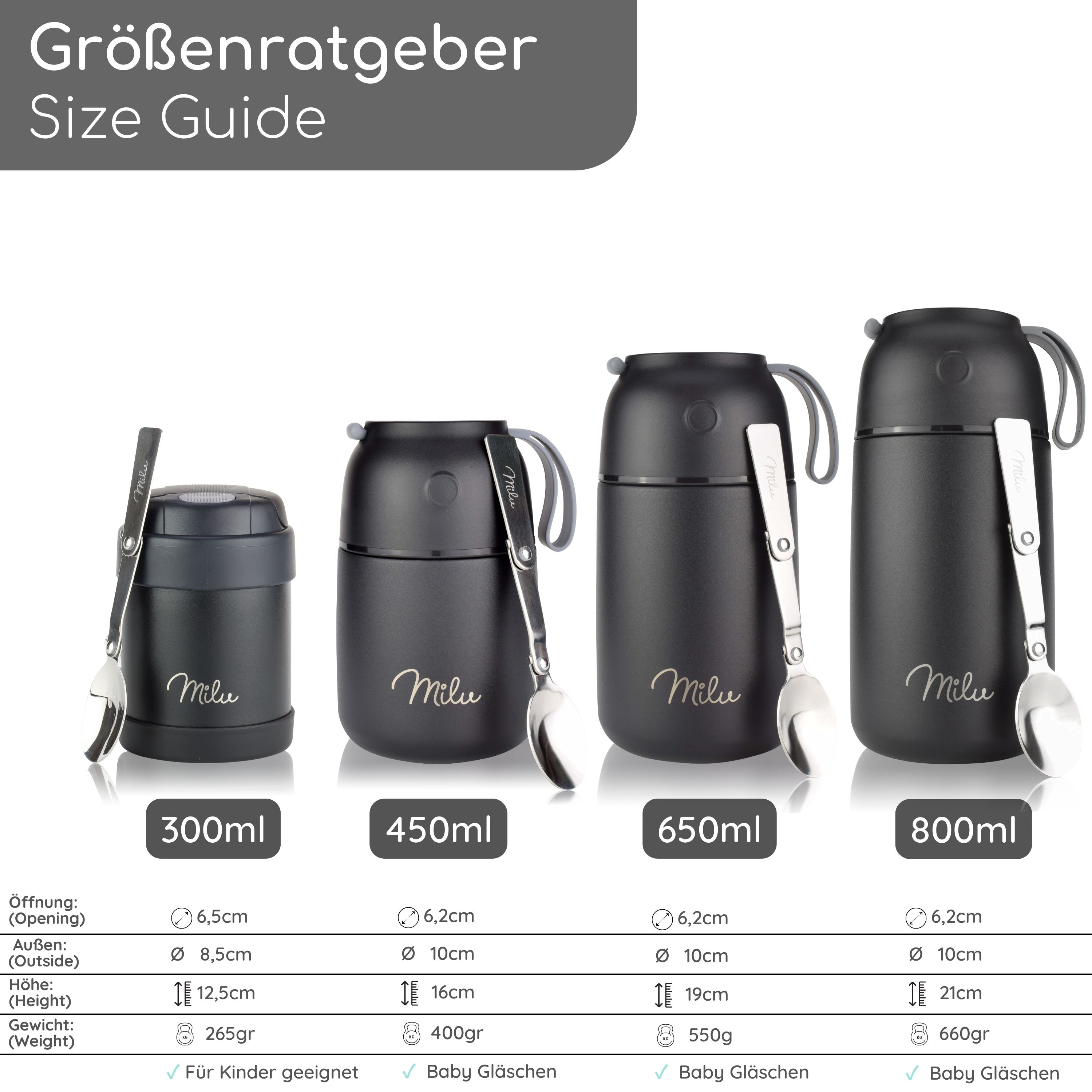 Milu® Thermobehälter für Essen, mit Löffel, auslaufsicher, isoliert (450 ml, 650 ml, 800 ml) (CB)