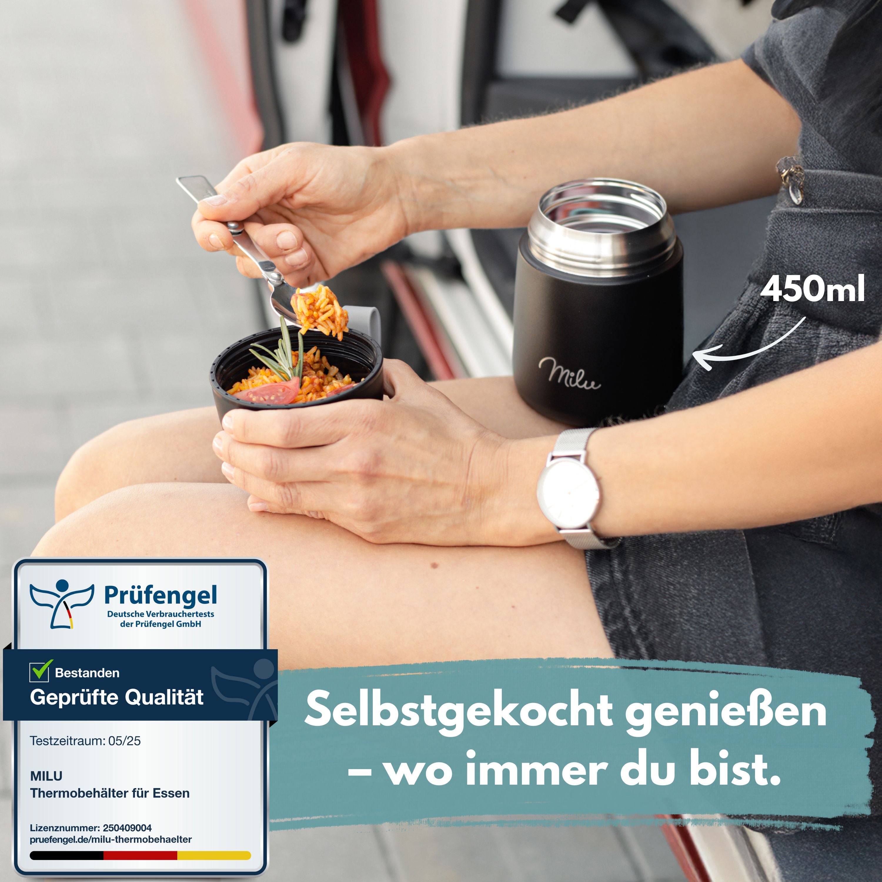 Milu® Thermobehälter für Essen, mit Löffel, auslaufsicher, isoliert (450 ml, 650 ml, 800 ml) (CB)