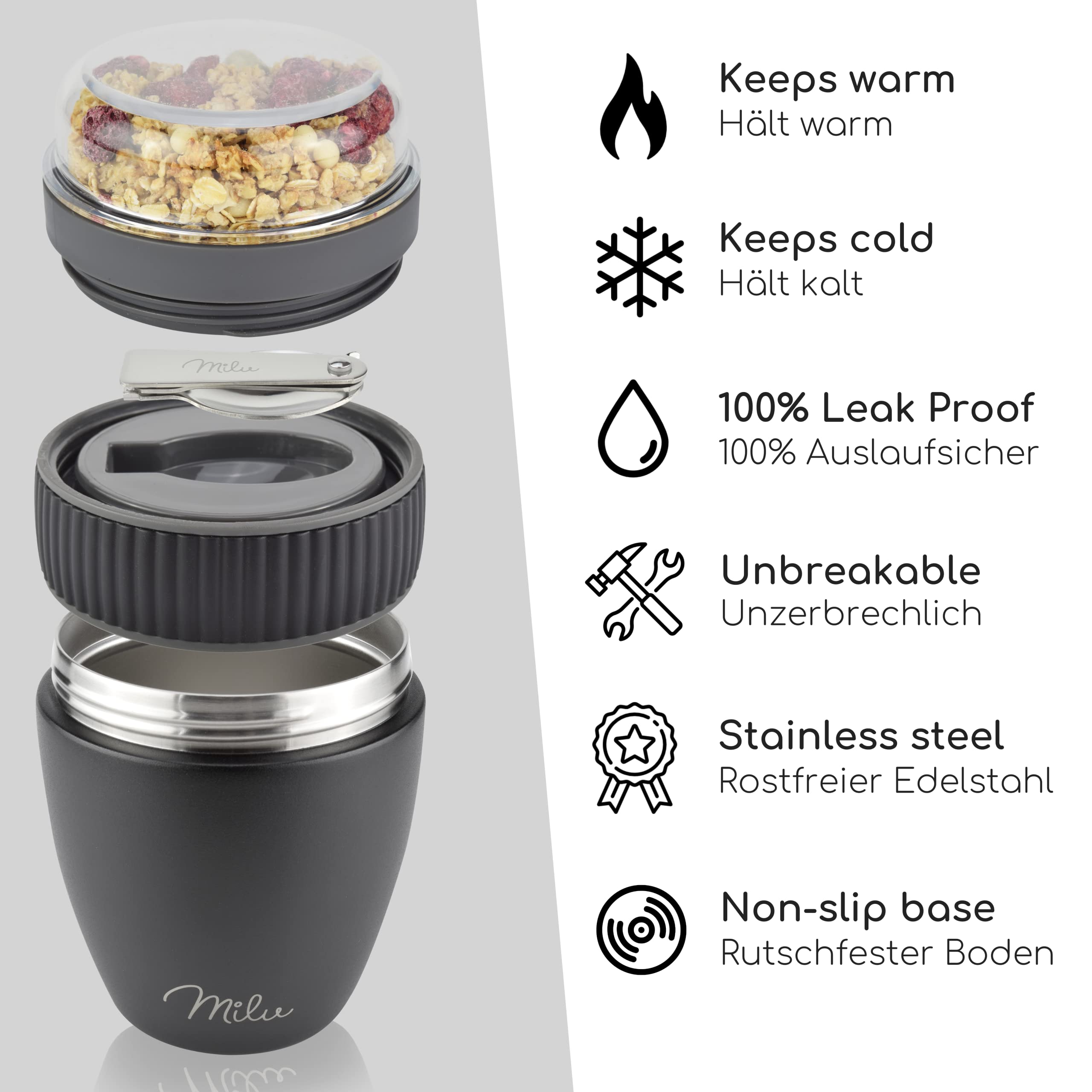 Milu Müslibecher to go, isoliert, auslaufsicher, Edelstahl (400ml)