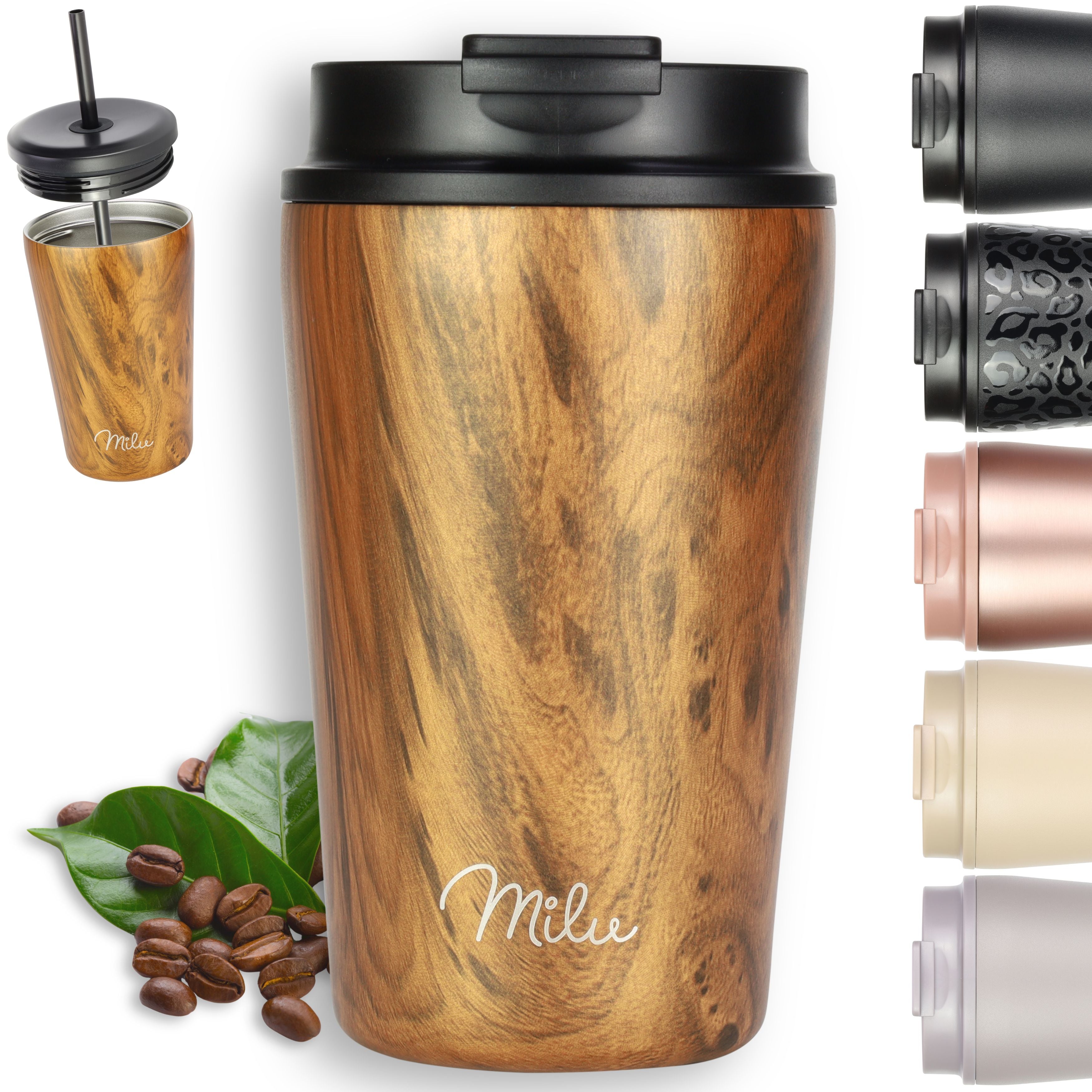 Milu Thermobecher, auslaufsicher, isoliert, mit zwei Deckeln (300 ml, 400 ml, 500 ml)