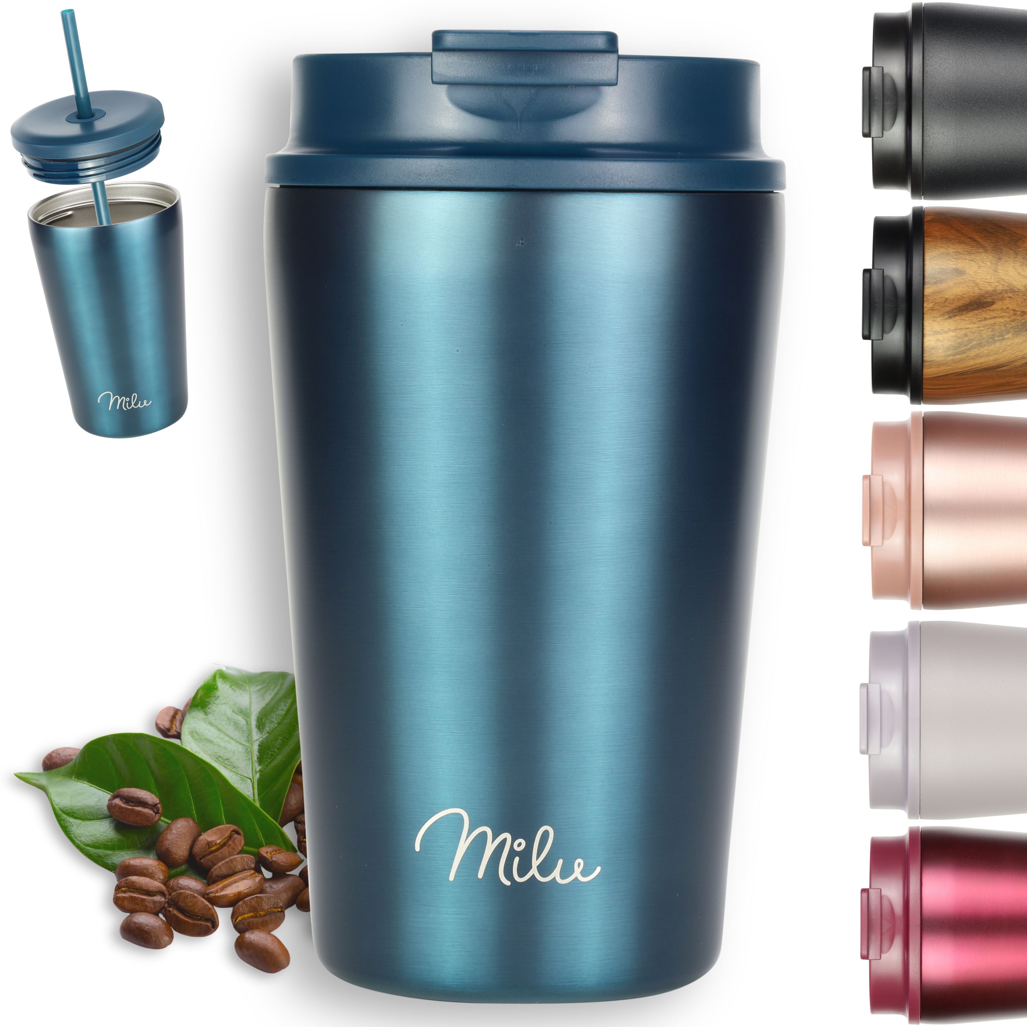 Milu Thermobecher, auslaufsicher, isoliert, mit zwei Deckeln (300 ml, 400 ml, 500 ml) (CB)