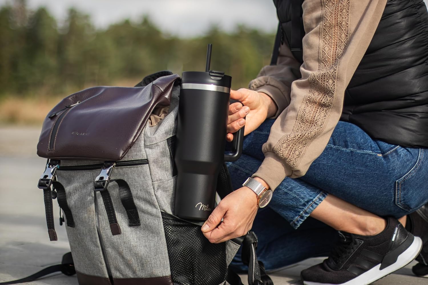 Milu Thermobecher/Tumbler mit Strohhalm und Henkel (1200 ml/40 oz)