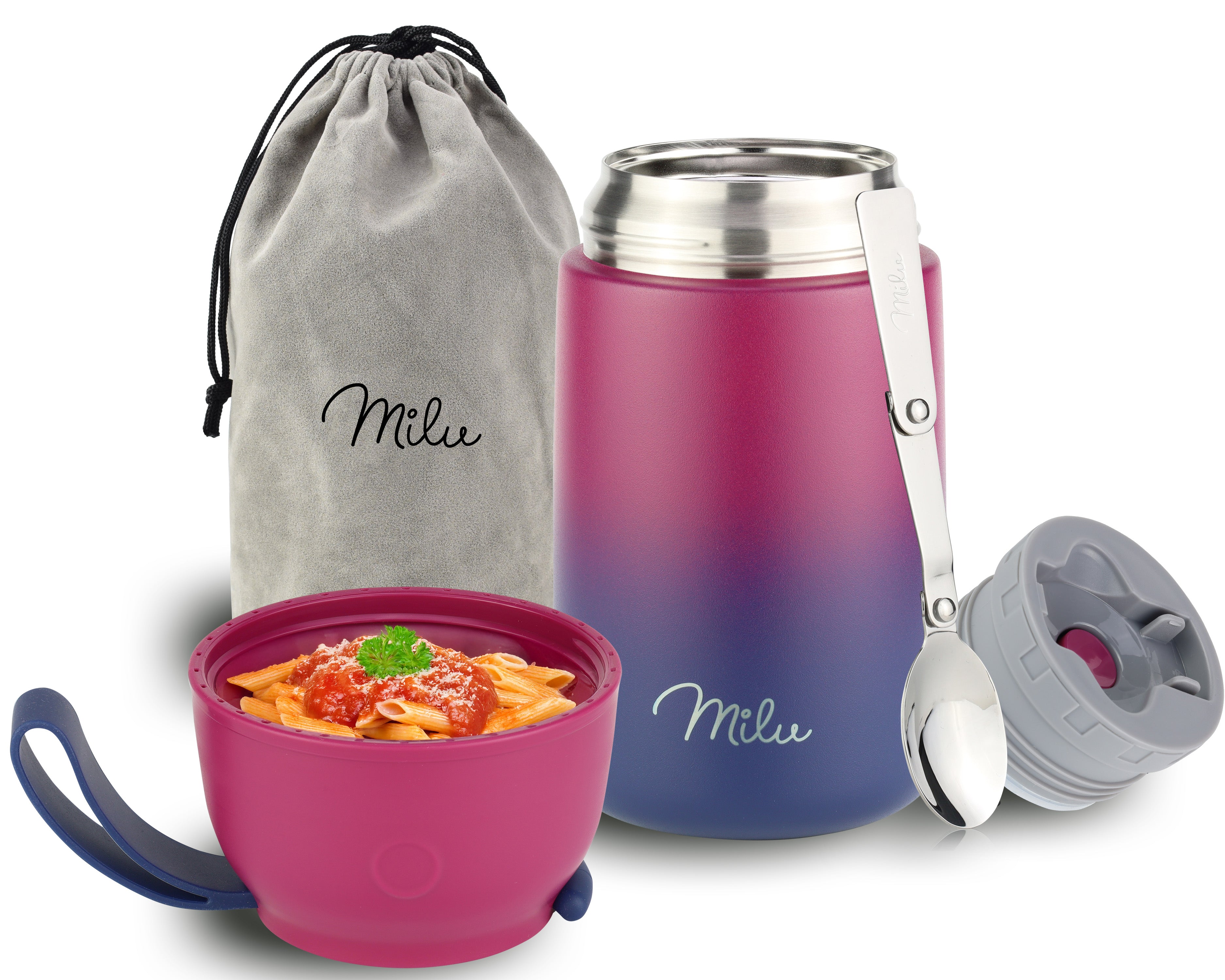 Milu® Thermobehälter für Essen, mit Löffel, auslaufsicher, isoliert (450 ml, 650 ml, 800 ml) (CB)