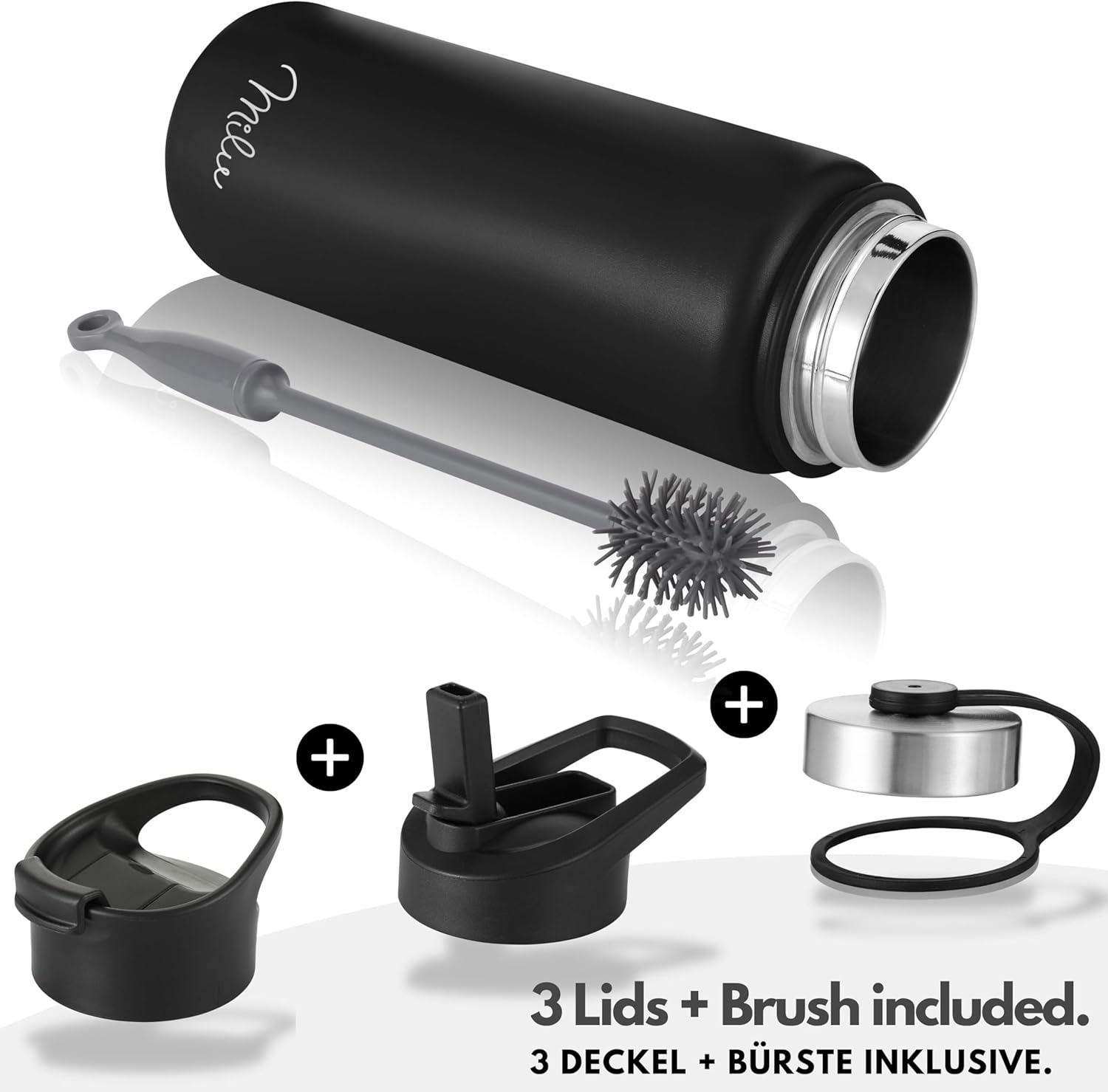 Milu Edelstahl Trinkflasche mit 3 Deckeln, auslaufsicher, isoliert, 500ml 750ml 1000ml (T7)