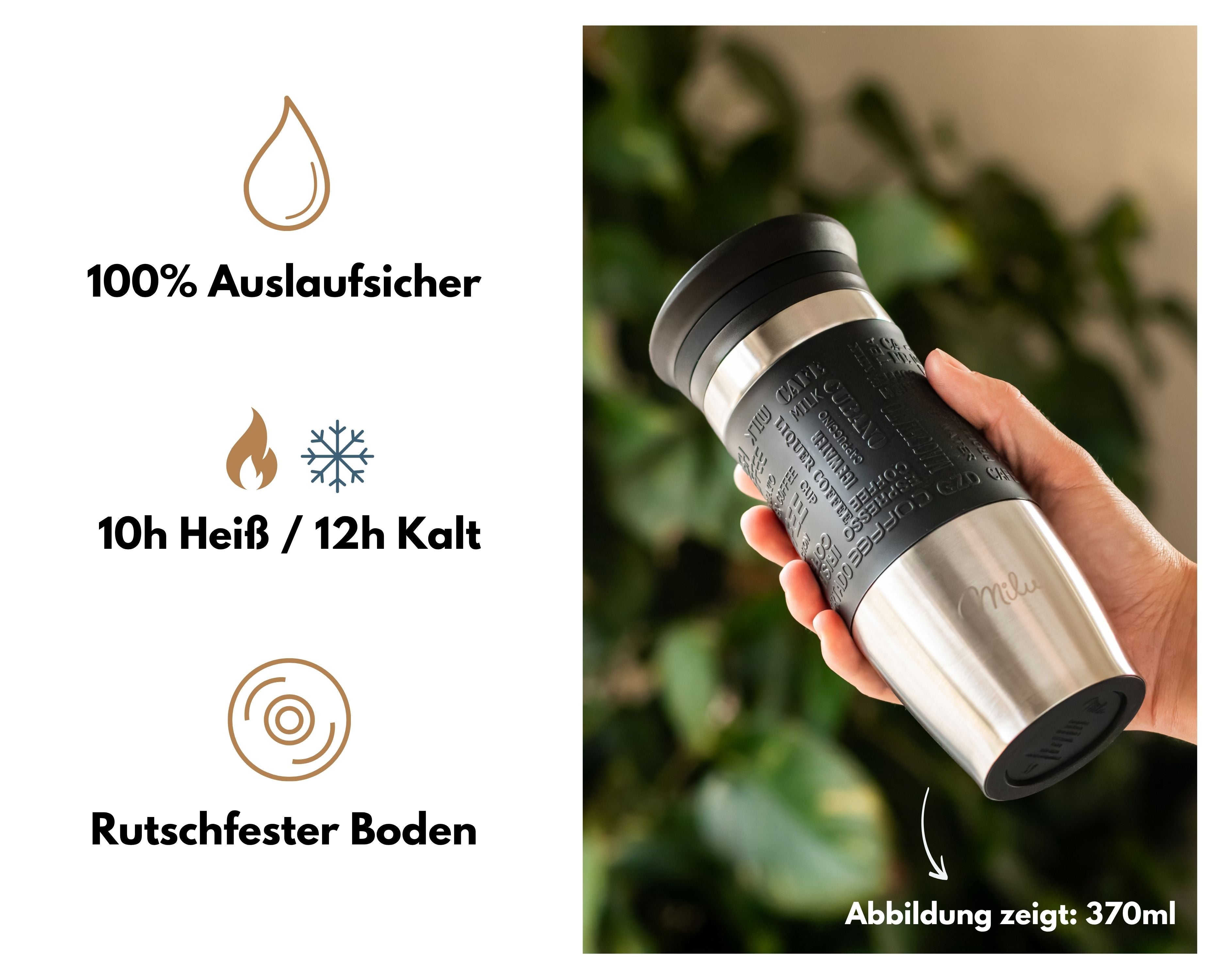 Milu Thermobecher Kaffee to go 370ml, 450ml Isolierbecher Kaffeebecher (CB)
