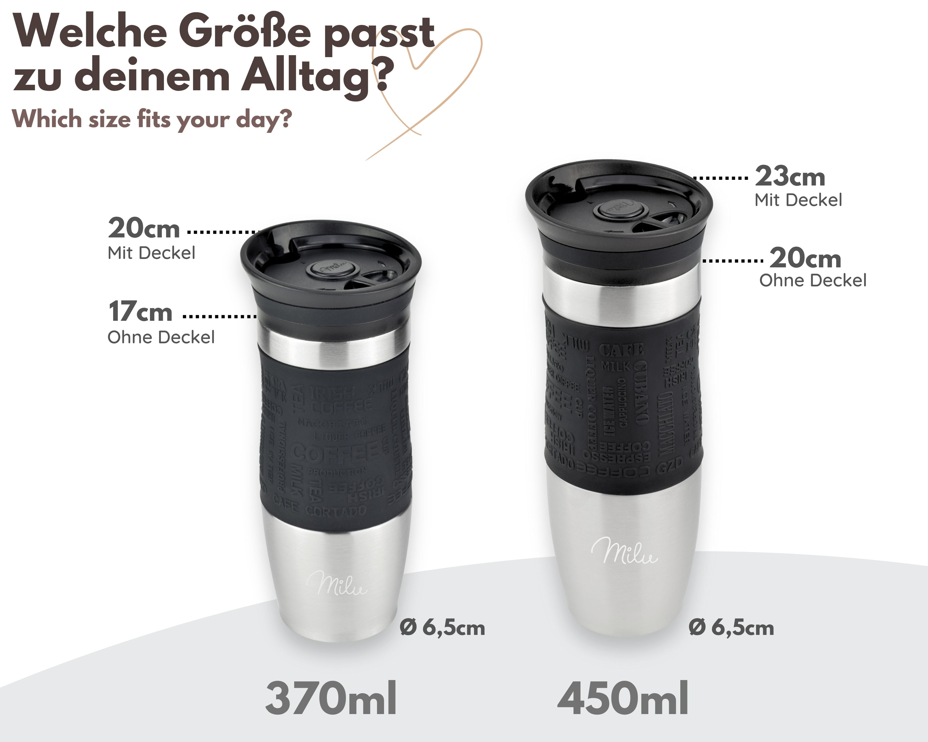Milu Thermobecher Kaffee to go 370ml, 450ml Isolierbecher Kaffeebecher (CB)