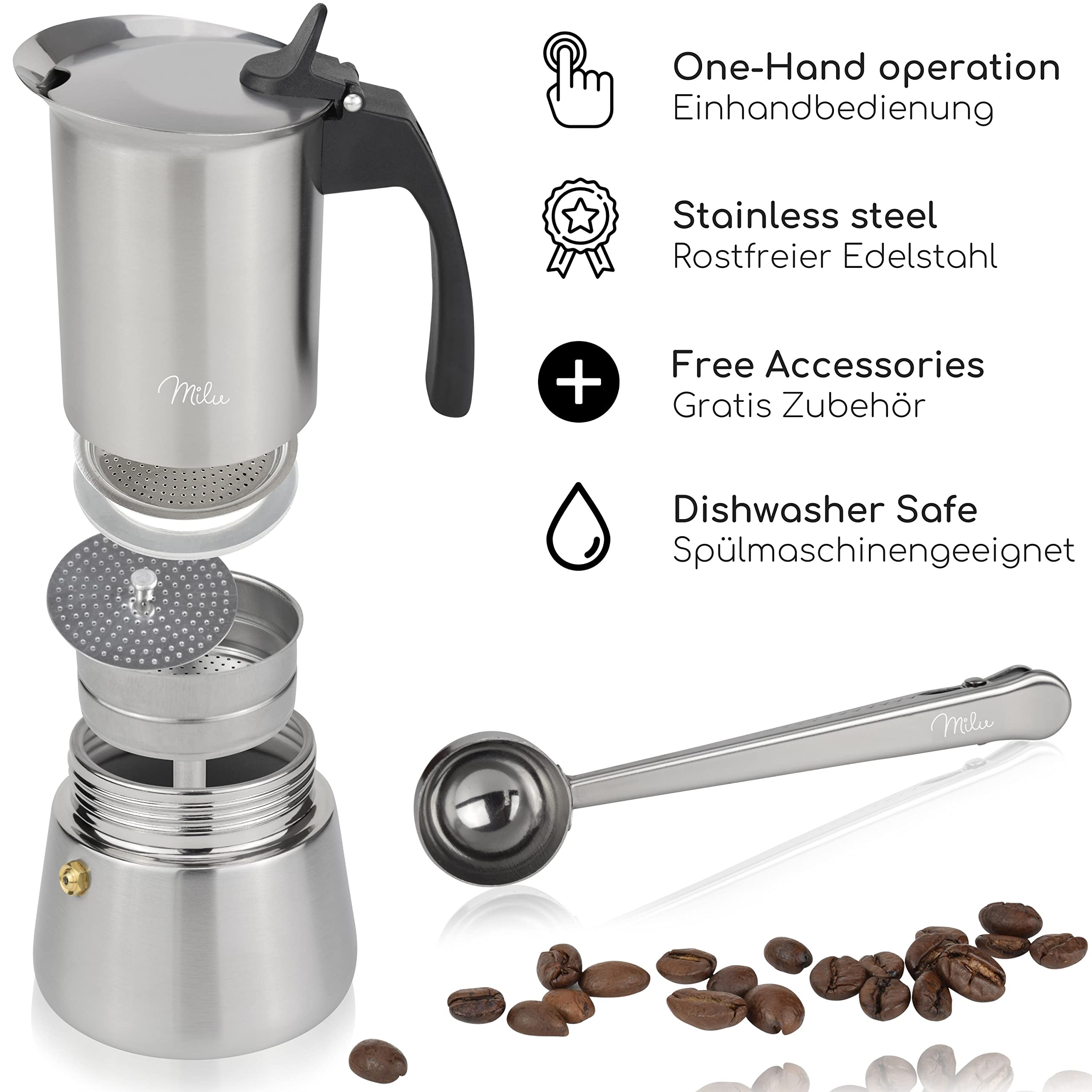 Milu Espressokocher Edelstahl Induktion (2, 3, 6 oder 9 cup) (CB)