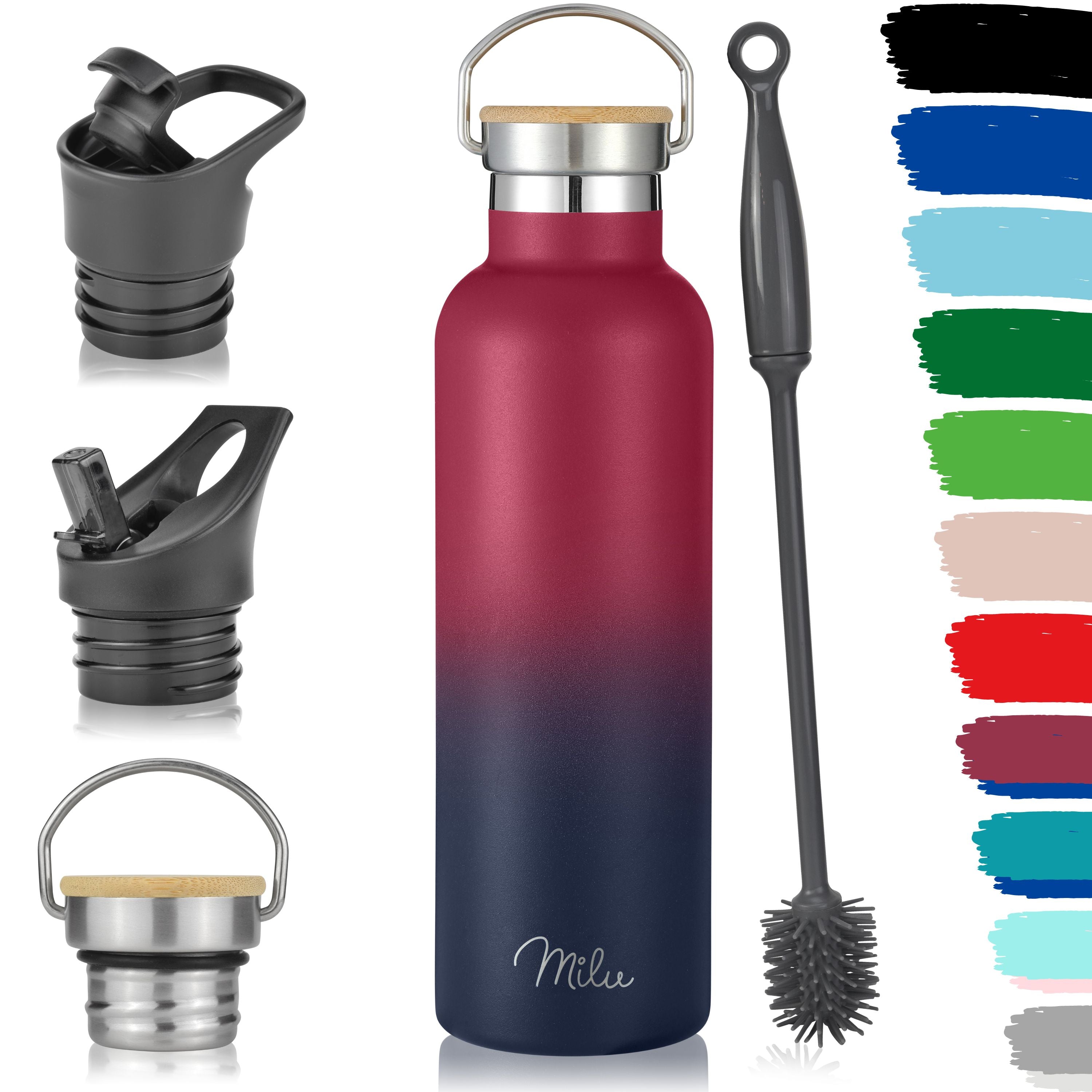 Milu Edelstahl Trinkflasche mit 3 Deckeln, auslaufsicher, isoliert (350 ml 500 ml 750 ml 1000 ml) (CB)