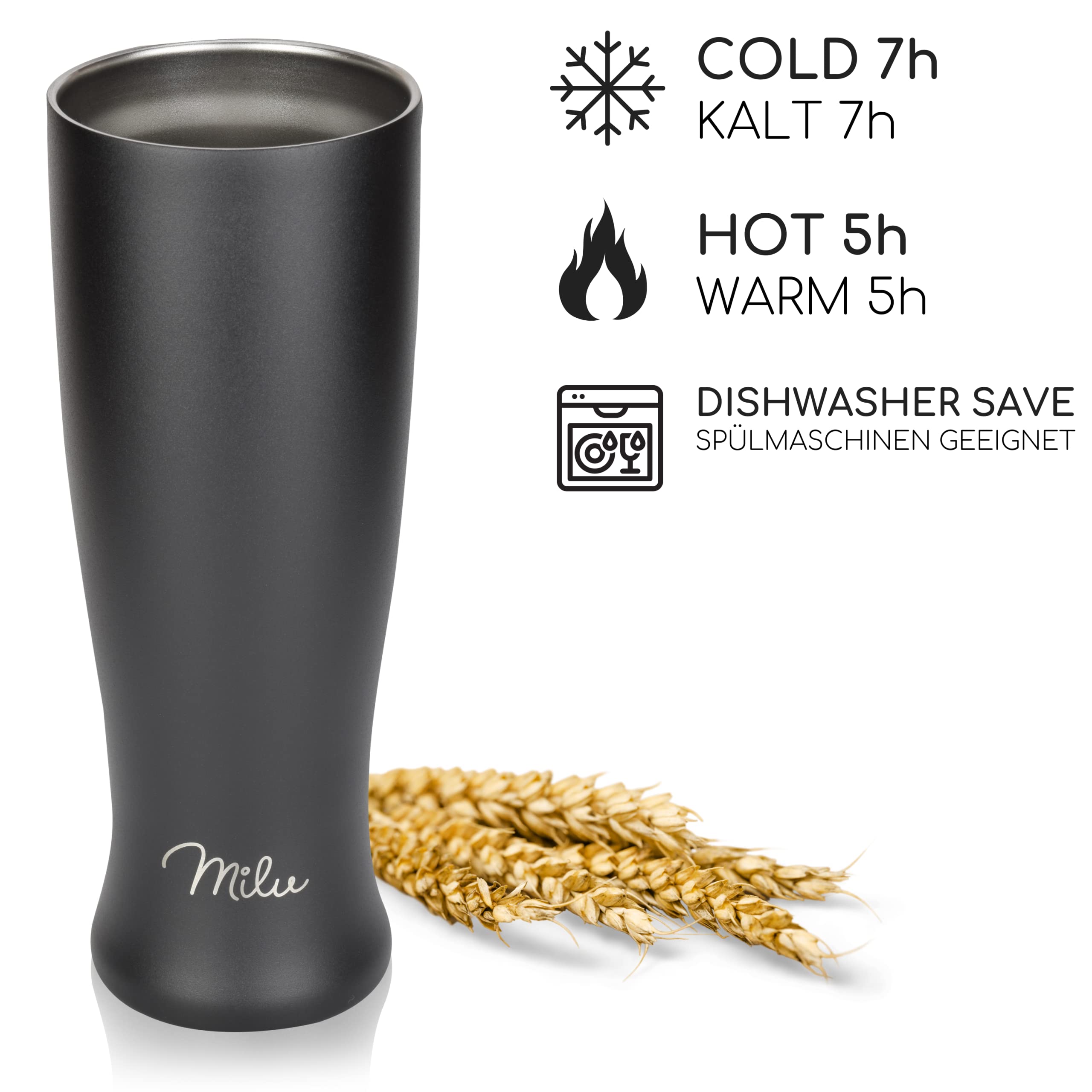 Milu Weizenbierglas Edelstahl isoliert, mit Deckel, 700 ml (CB)