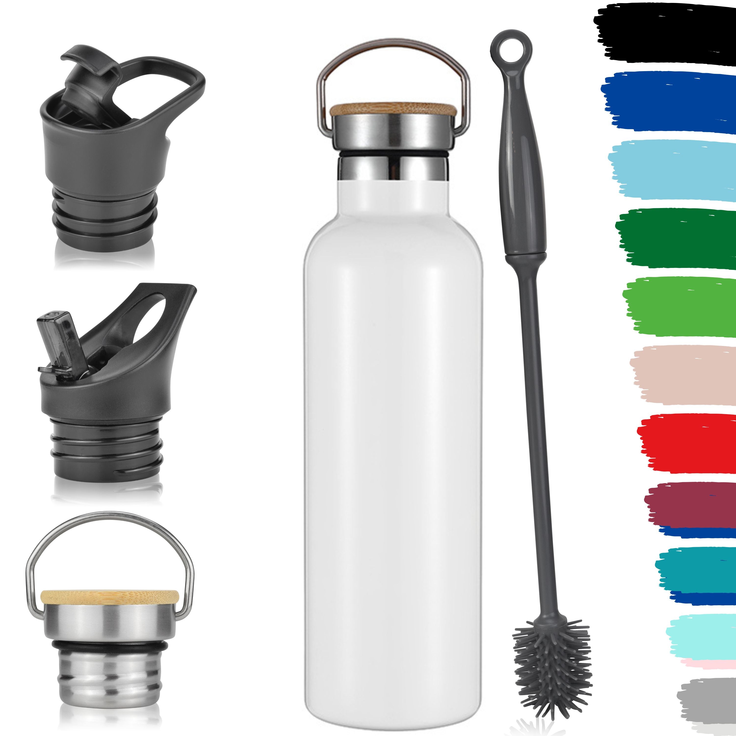 Milu Edelstahl Trinkflasche mit 3 Deckeln, auslaufsicher, isoliert (350 ml 500 ml 750 ml 1000 ml) (CB)