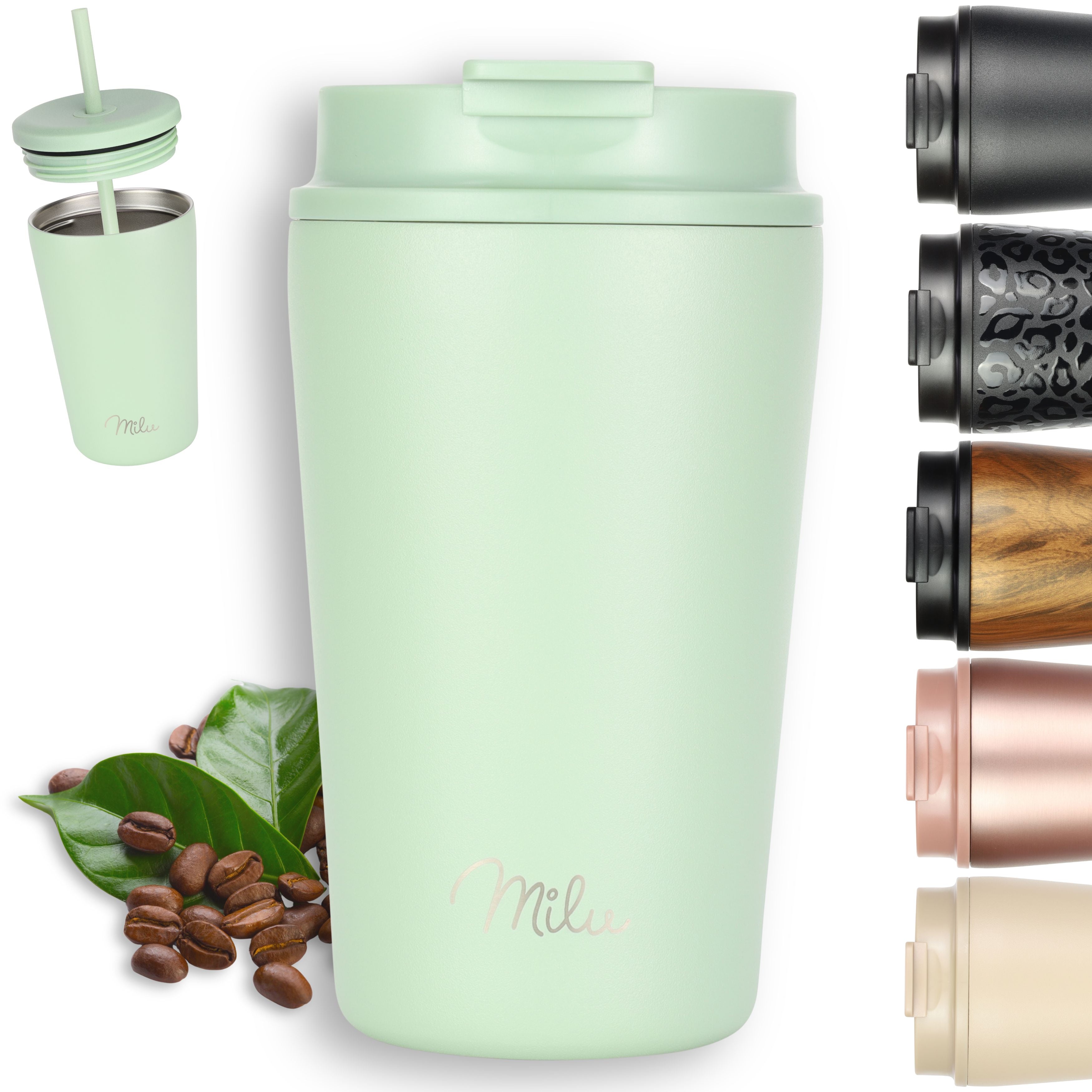 Milu Thermobecher, auslaufsicher, isoliert, mit zwei Deckeln (300 ml, 400 ml, 500 ml) (CB)