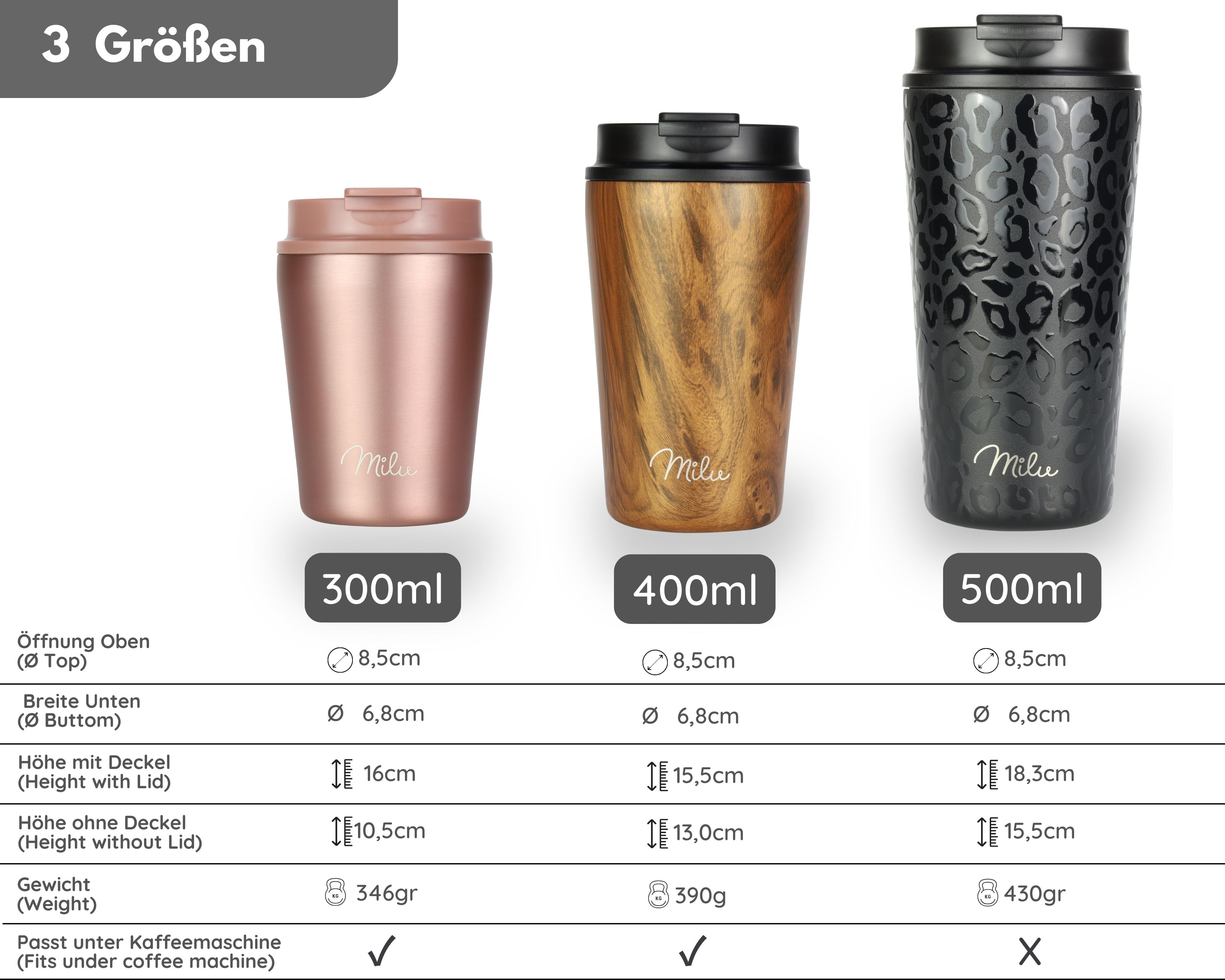 Milu Thermobecher, auslaufsicher, isoliert, mit zwei Deckeln (300 ml, 400 ml, 500 ml) (CB)